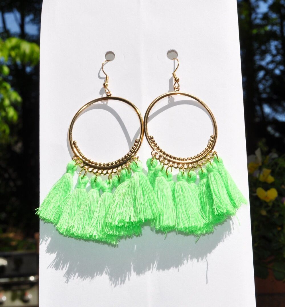 Round Gold-tone Hoop Boho Gypsy earrings with pale green tassel fringe